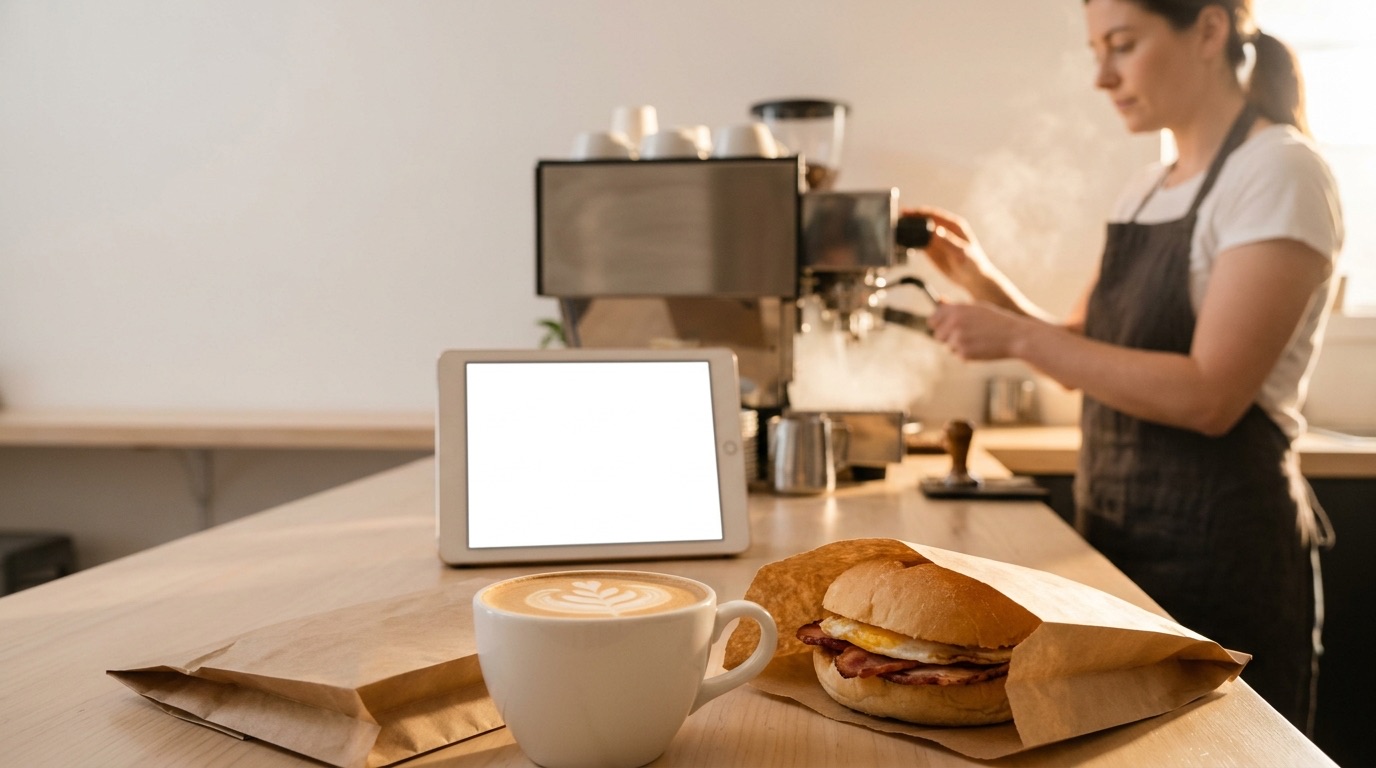 A café counter in the morning, a tablet standing beside the coffee machine