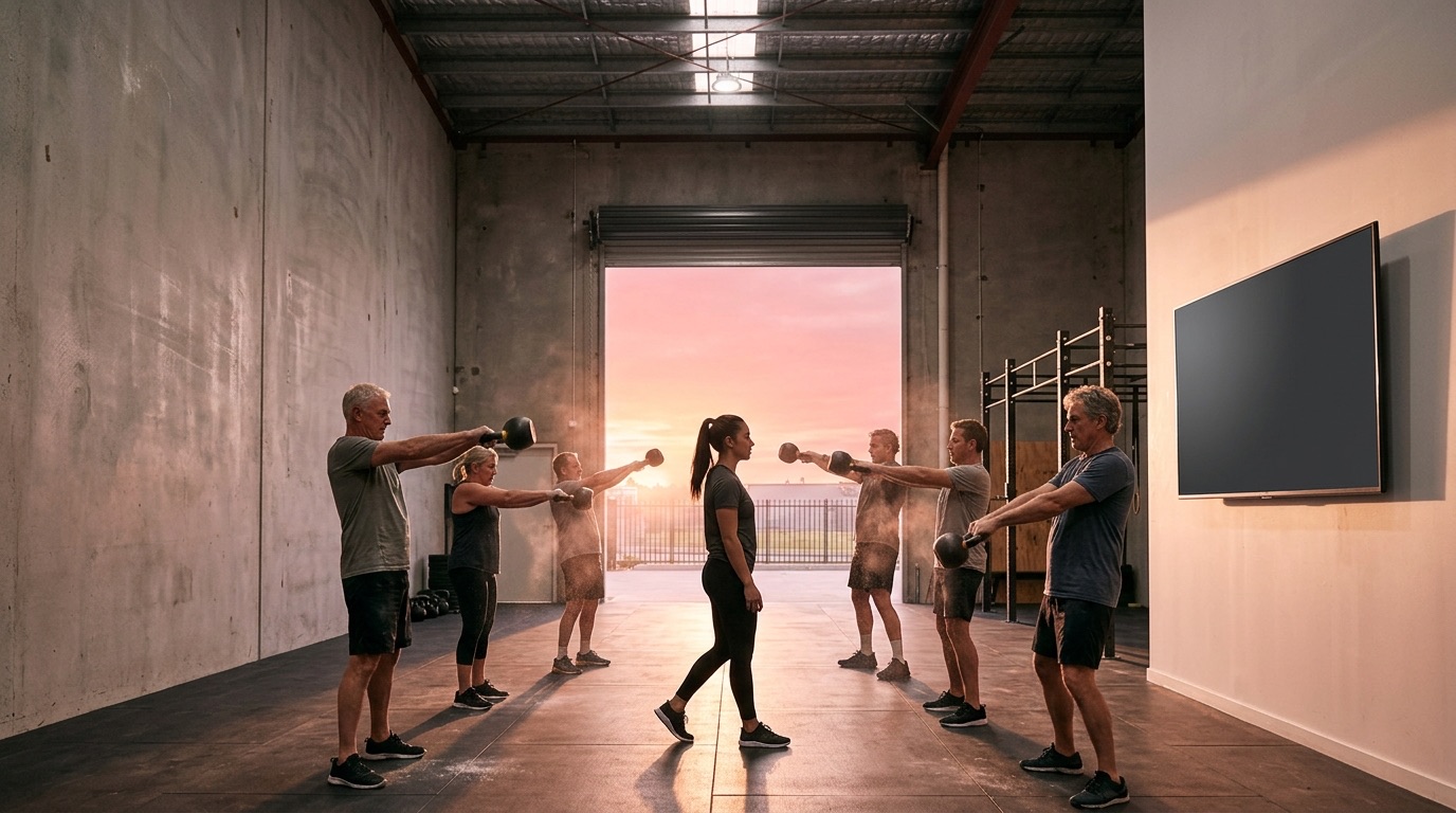 A morning kettlebell class in a warehouse gym, a screen on the wall