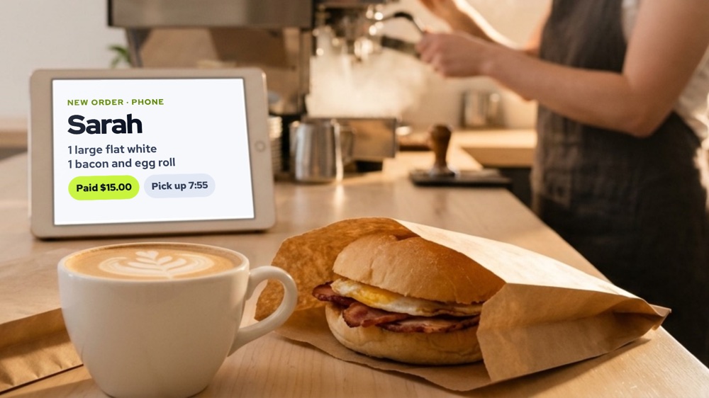 A tablet on a café counter showing a paid phone order, beside a coffee and a bacon and egg roll